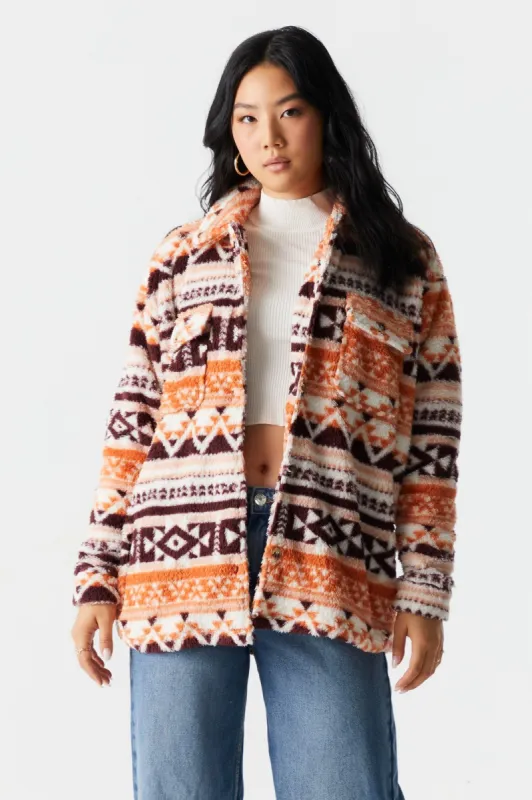 Aztec Stripe Print Sherpa Shacket sold by Charlotte Russe