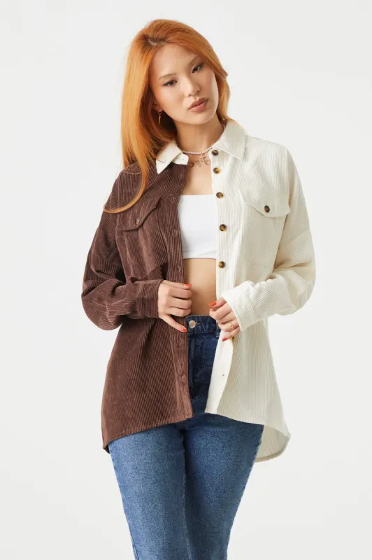 Colour Block Oversized Corduroy Shirt sold by Charlotte Russe