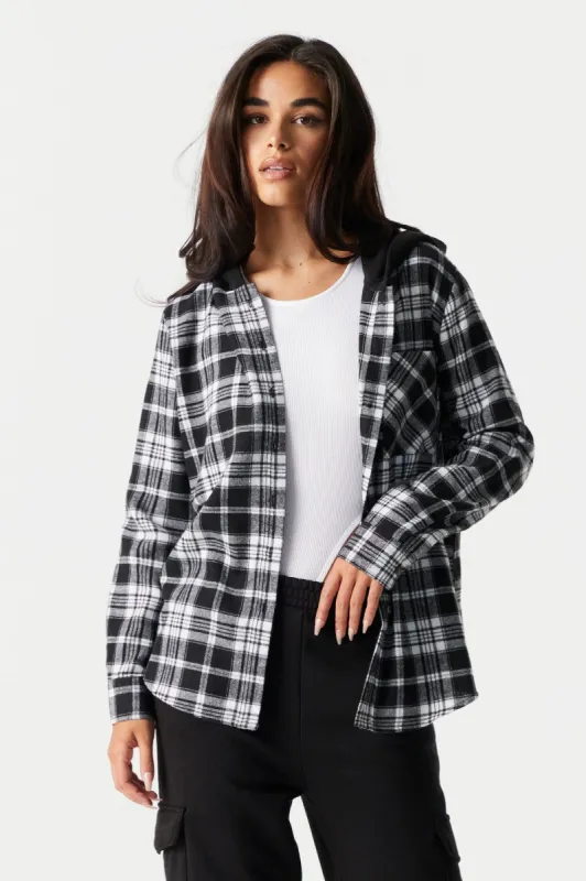 Black And White Plaid Hooded Boyfriend Flannel sold by Charlotte Russe