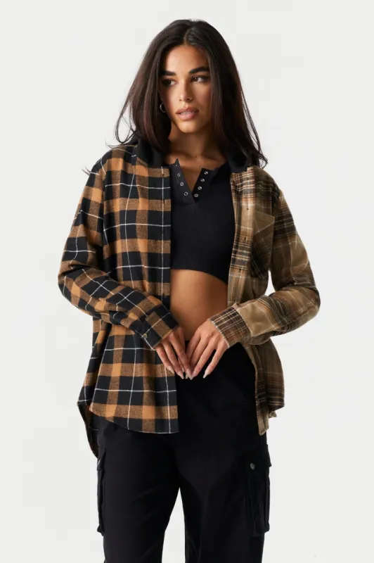 Brown Spliced Plaid Hooded Boyfriend Flannel sold by Charlotte Russe