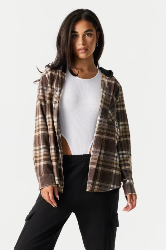 Brown Plaid Hooded Boyfriend Flannel sold by Charlotte Russe