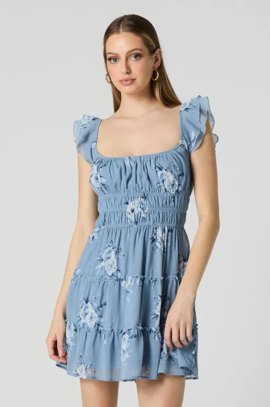 Blue Floral Smocked Flutter Sleeve Mini Dress sold by Charlotte Russe