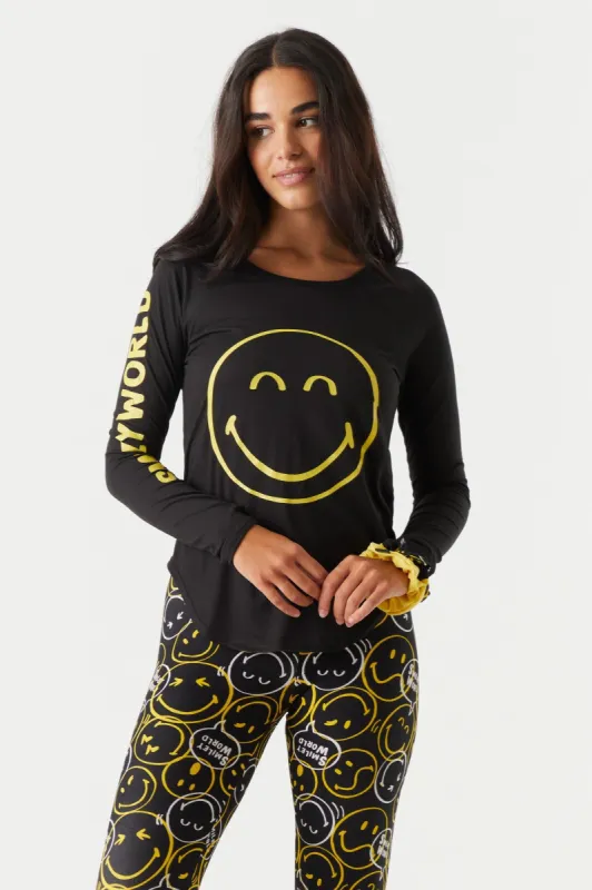 4-Piece Soft Smiley Graphic Long Sleeve Top And Printed Legging Pajama Set With Scrunchies sold by Charlotte Russe