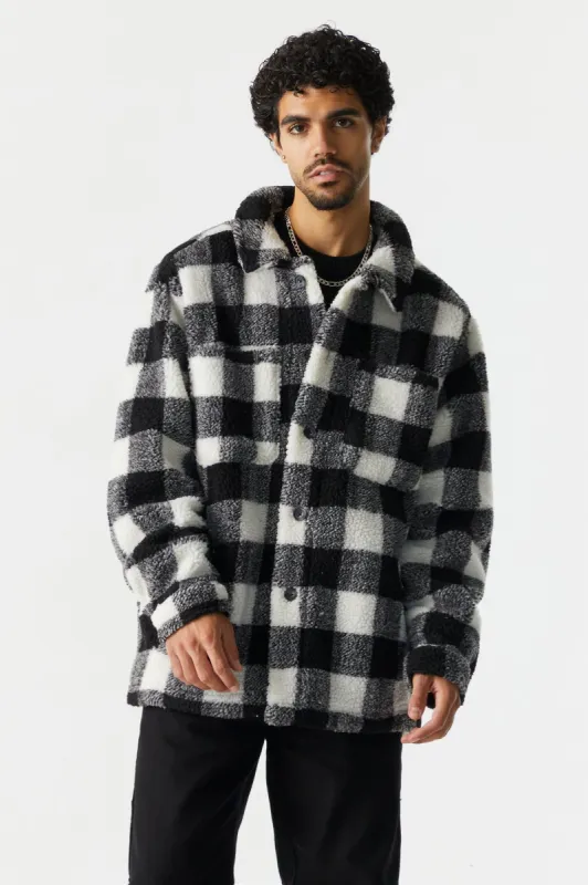 Cabin Fever Checkered Sherpa Shacket sold by Charlotte Russe
