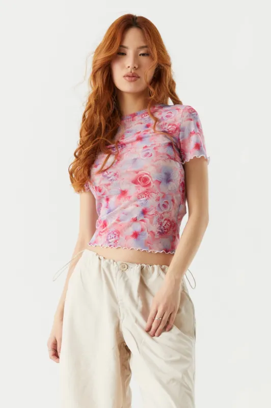 Flower Print Mesh Ruffle T-Shirt sold by Charlotte Russe