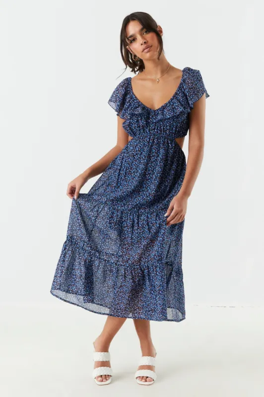 Blue Floral Side Cut-Out Tiered Maxi Dress sold by Charlotte Russe