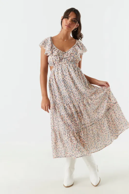 Floral Side Cut-Out Tiered Maxi Dress sold by Charlotte Russe