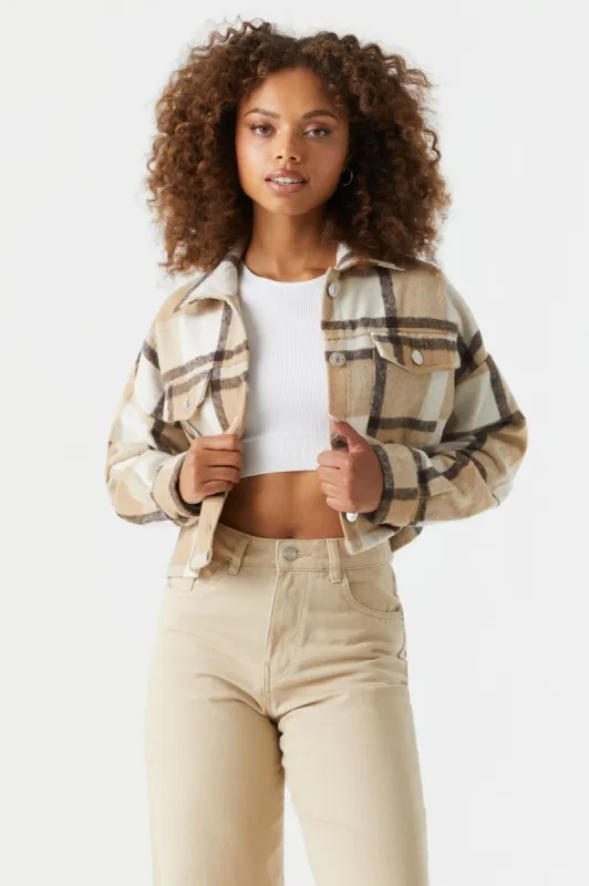 Tan Plaid Flannel Crop Shacket sold by Charlotte Russe