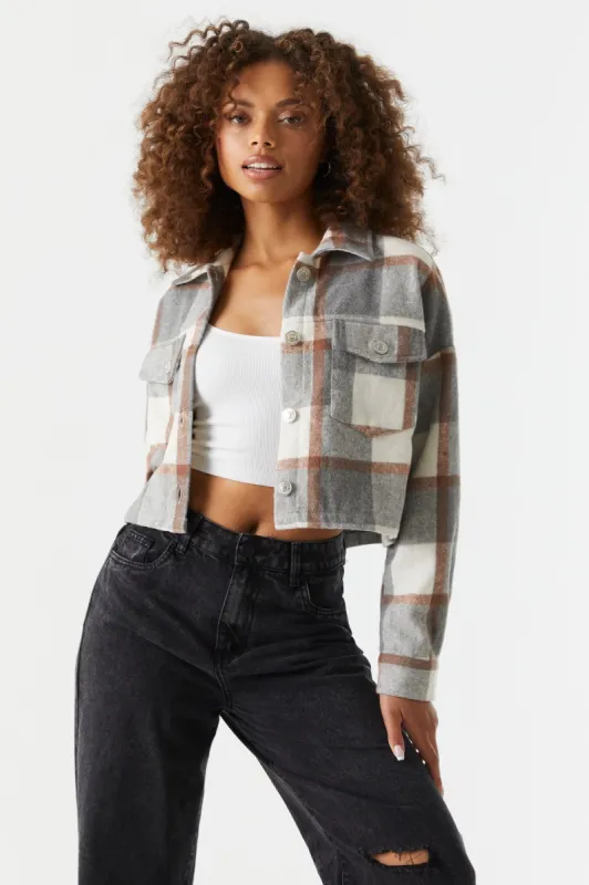 Gray Plaid Flannel Crop Shacket sold by Charlotte Russe