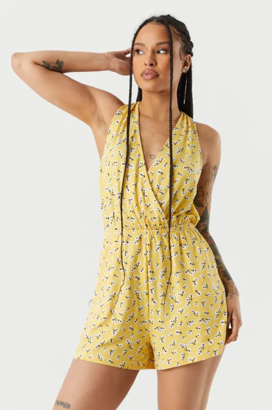 Surplice Yellow Floral Print Elastic Waist Romper sold by Charlotte Russe