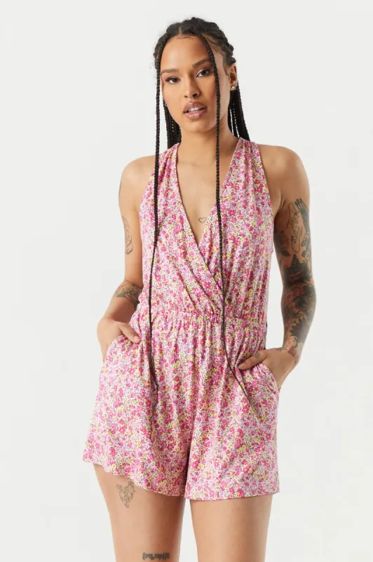 Surplice Pink Floral Print Elastic Waist Romper sold by Charlotte Russe