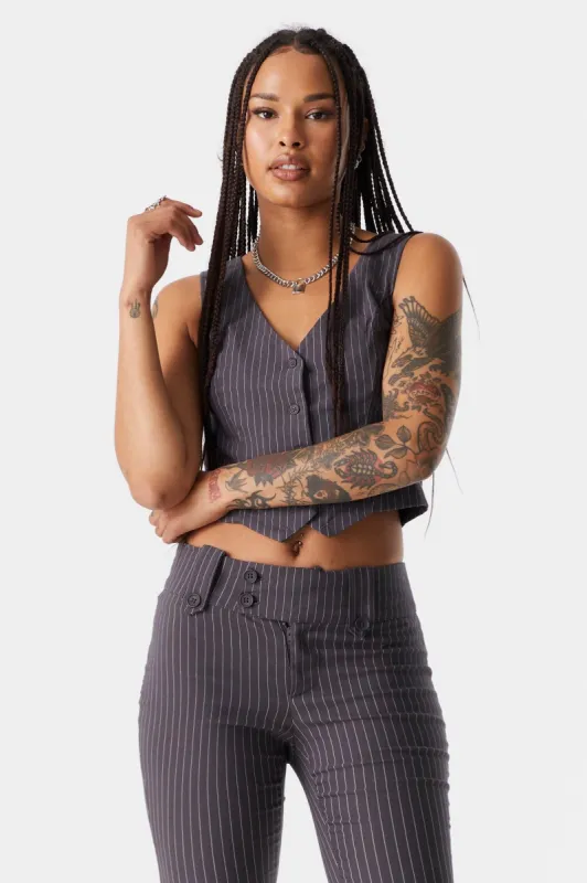 Grey Pinstripe Button-Up Crop Vest sold by Charlotte Russe