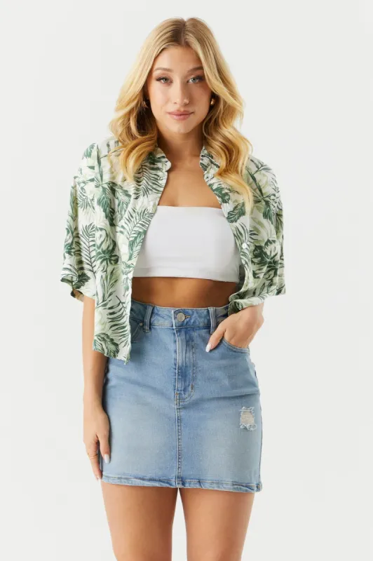 Leaf Print Cropped Button-Up Shirt sold by Charlotte Russe