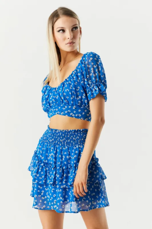 Blue Floral Mesh Milkmaid Top sold by Charlotte Russe