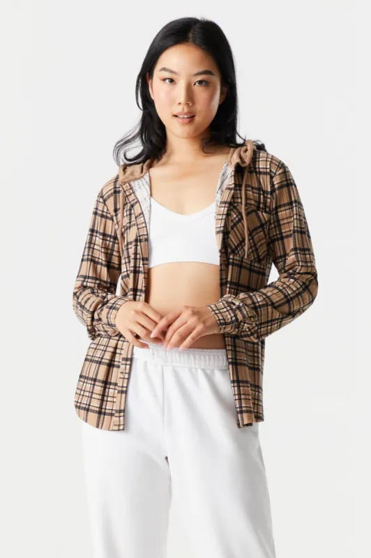 Tan Plaid Hooded Pajama Shirt sold by Charlotte Russe