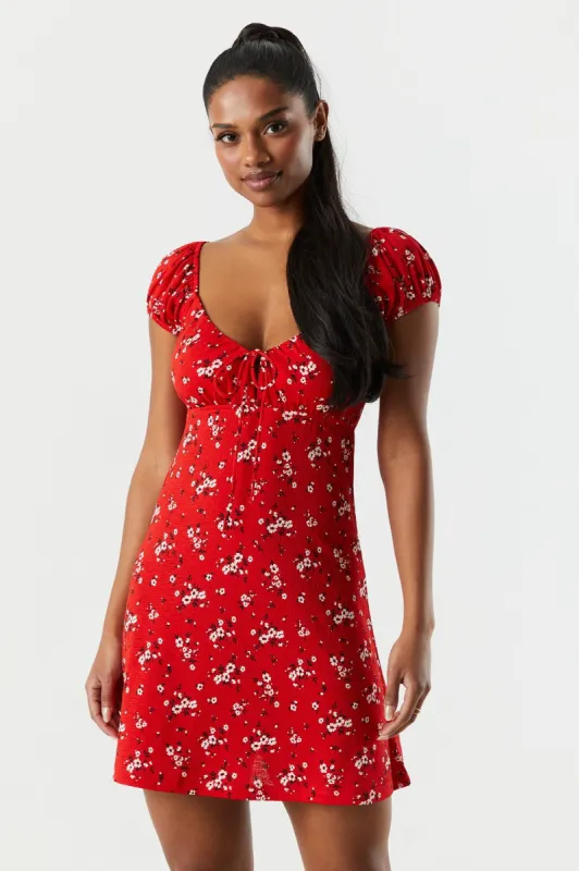 Red Floral Front Tie Milkmaid Dress sold by Charlotte Russe