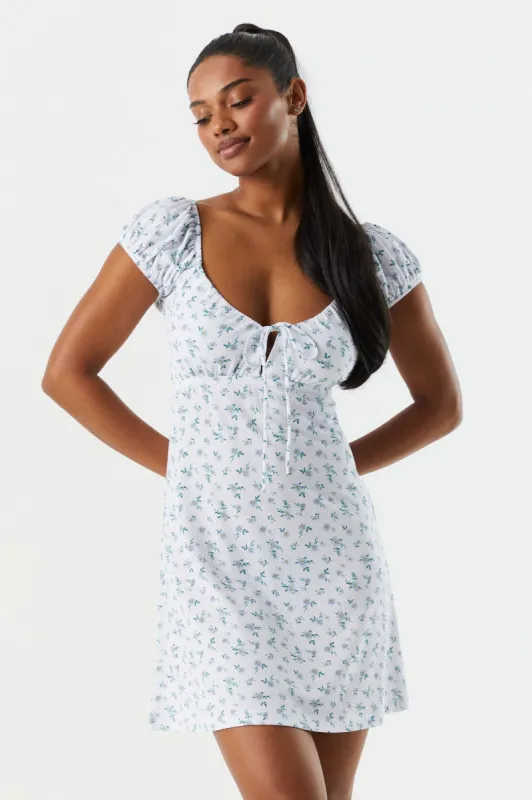 White Floral Front Tie Milkmaid Dress sold by Charlotte Russe