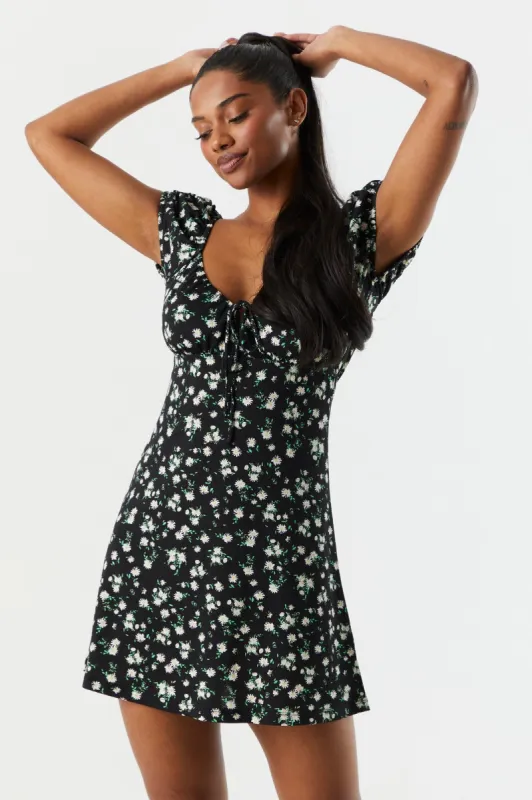Black Floral Front Tie Milkmaid Dress sold by Charlotte Russe