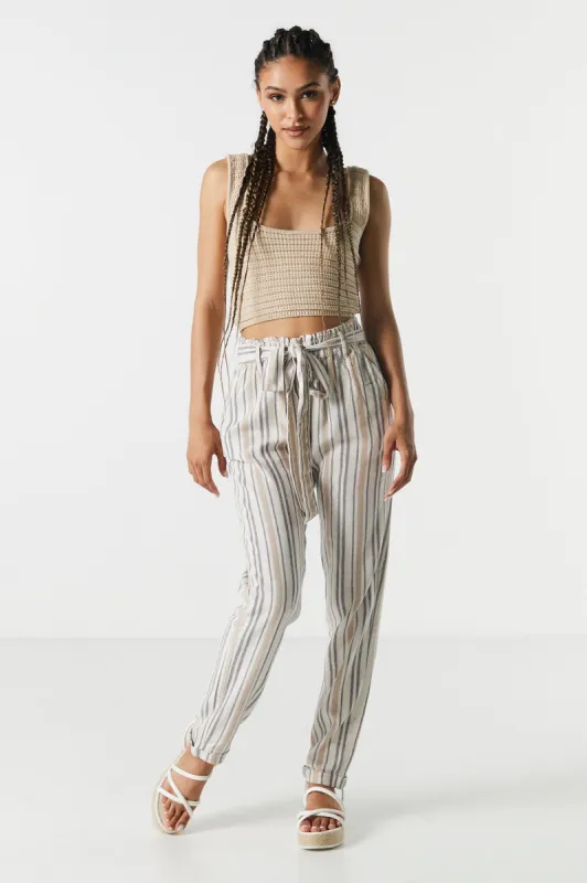 Linen Striped Belted Paperbag Pant sold by Charlotte Russe