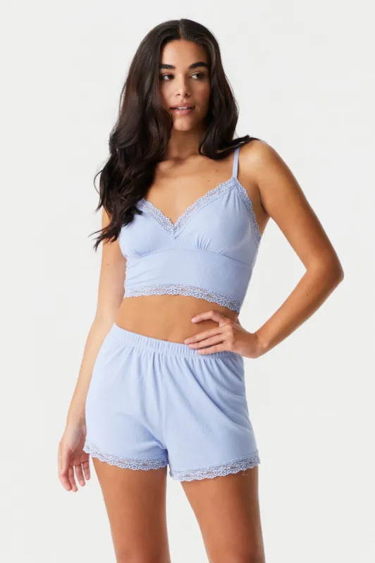 Soft Ribbed Cropped Lace Trim 2-Piece Pajama Set sold by Charlotte Russe