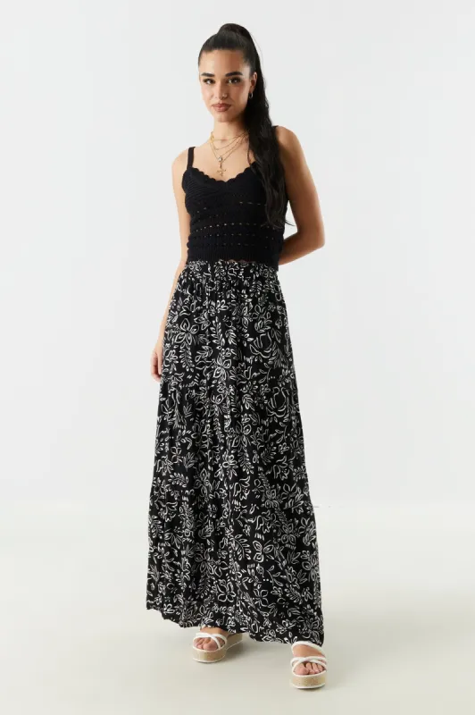 Black Floral Print Tiered Maxi Skirt sold by Charlotte Russe
