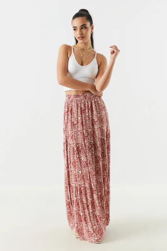 Red Paisley Print Tiered Maxi Skirt sold by Charlotte Russe