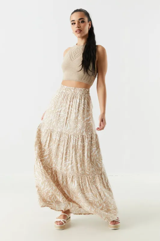 Tan Abstract Print Tiered Maxi Skirt sold by Charlotte Russe