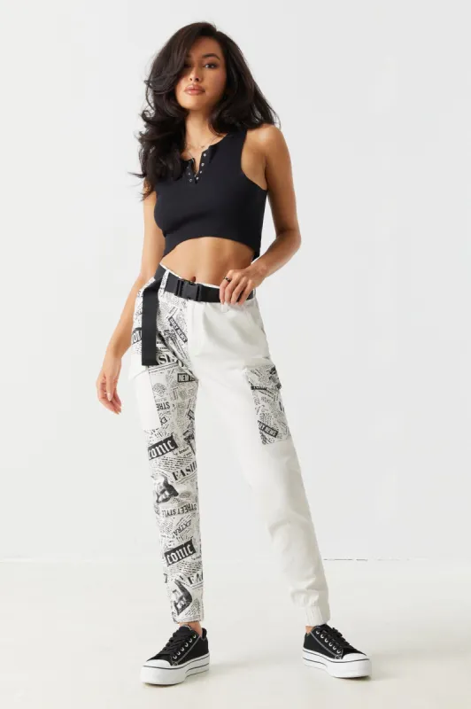 Newspaper Spliced Print Colour Block Belted Slim Cargo Pant sold by Charlotte Russe