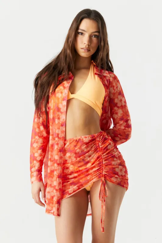 Red Floral Print Oversized Mesh Button-Up Top sold by Charlotte Russe
