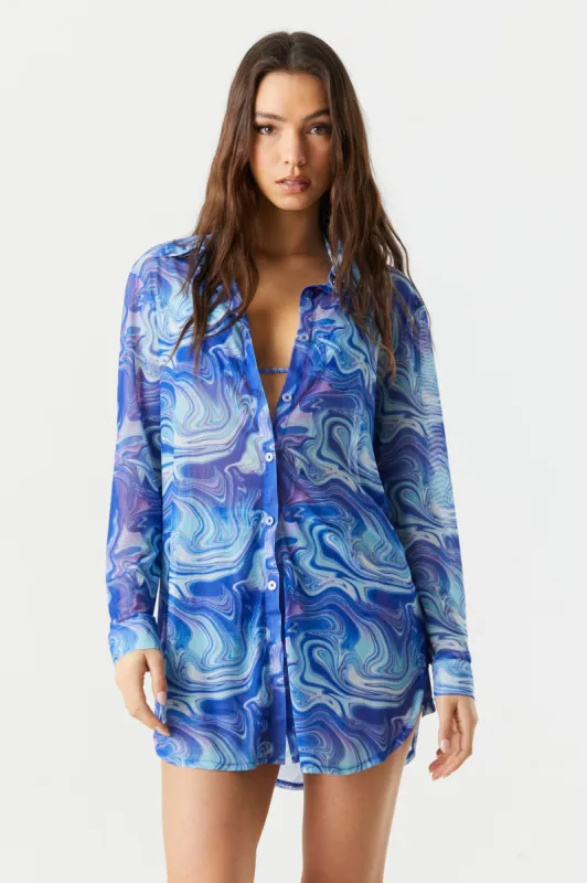 Blue Swirl Pint Oversized Mesh Button-Up Top sold by Charlotte Russe