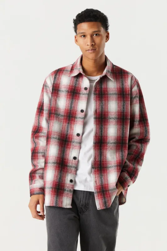 Red Plaid Woven Flannel Shacket sold by Charlotte Russe