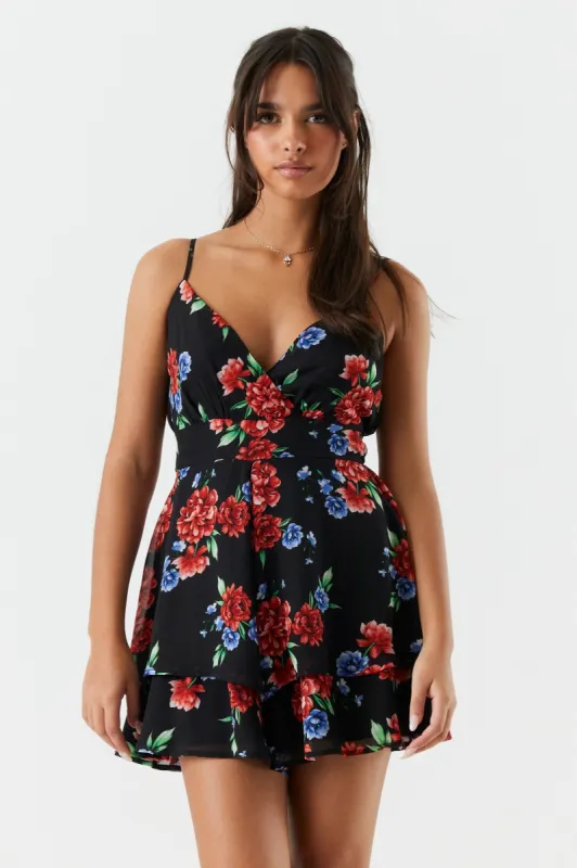 Red Floral Surplice Tiered Romper sold by Charlotte Russe