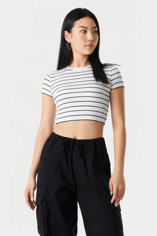 Ribbed Striped Crop Crew Neck T-Shirt sold by Charlotte Russe