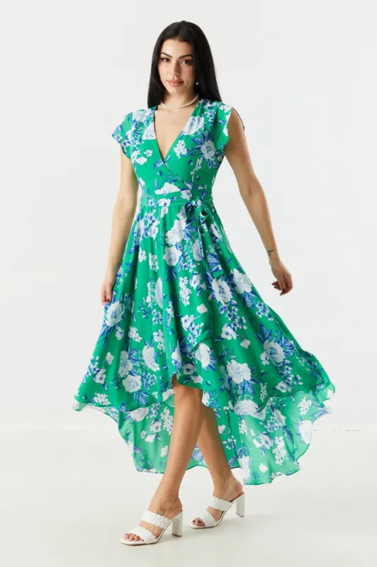Green Floral Surplice High-Low Wrap Dress sold by Charlotte Russe