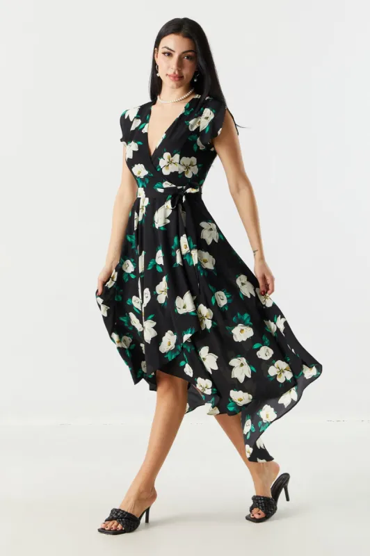 Floral Surplice High-Low Wrap Dress sold by Charlotte Russe