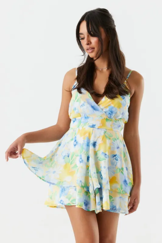 Yellow Floral Surplice Tiered Romper sold by Charlotte Russe