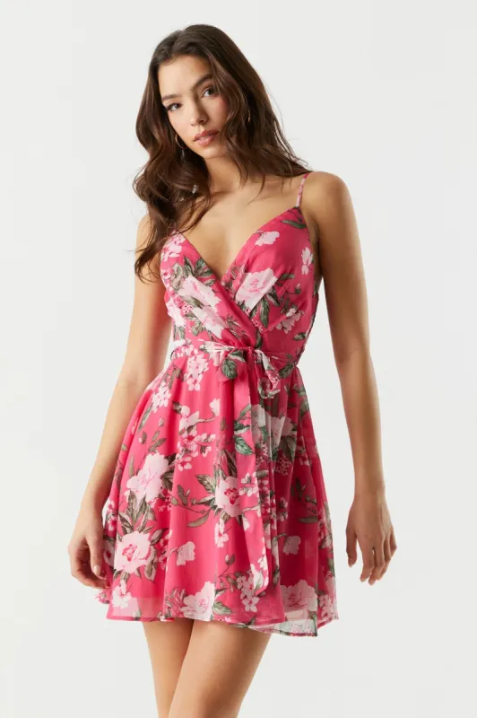 Pink Floral Chiffon Mini Wrap Dress sold by Charlotte Russe