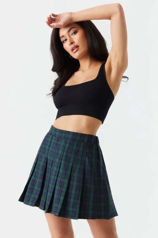 Pleated Green Plaid Print Twill Mini Skirt sold by Charlotte Russe