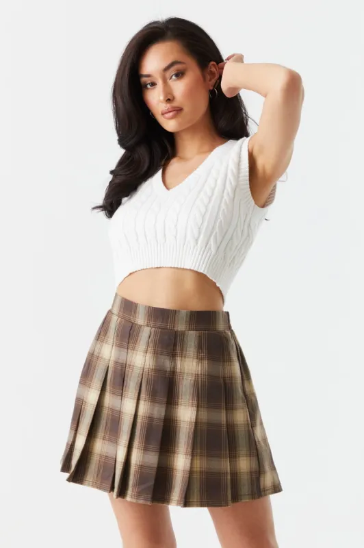 Pleated Brown Plaid Print Twill Mini Skirt sold by Charlotte Russe