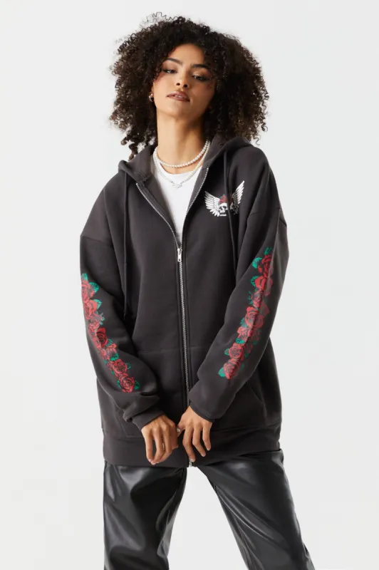 Rock'n'Roll Graphic Oversized Fleece Zip Hoodie sold by Charlotte Russe
