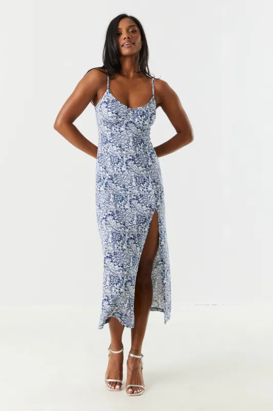Blue Printed Leg Slit Maxi Dress sold by Charlotte Russe