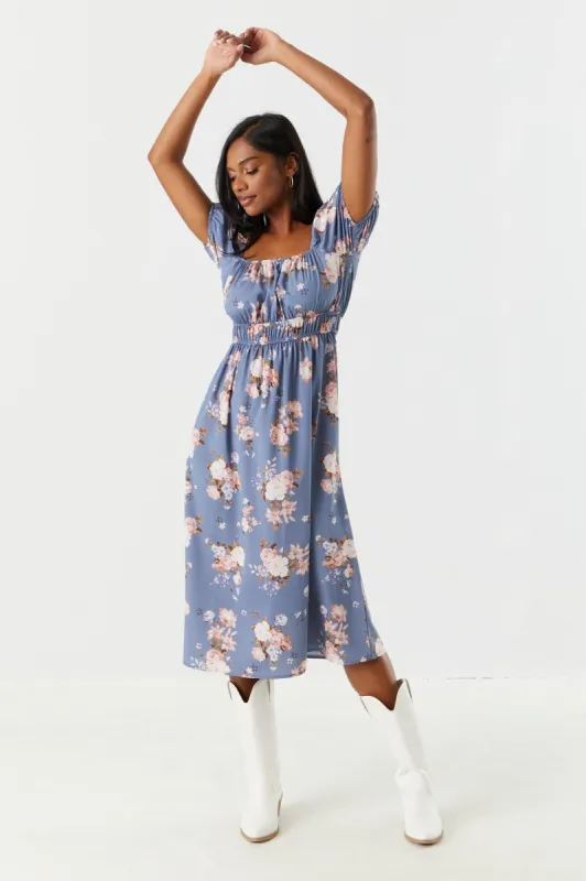 Blue Floral Milkmaid Midi Dress sold by Charlotte Russe