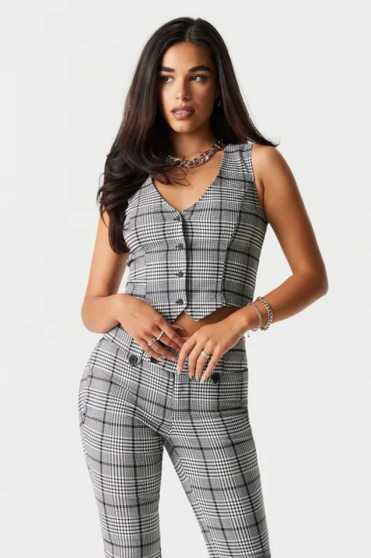 Plaid Button-Up Crop Vest sold by Charlotte Russe
