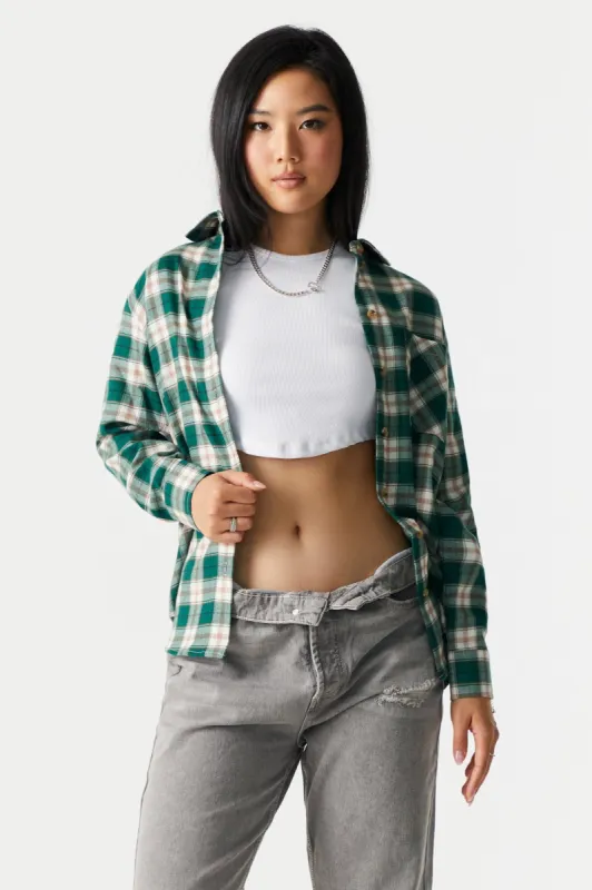 Green Plaid Classic Flannel Shirt sold by Charlotte Russe