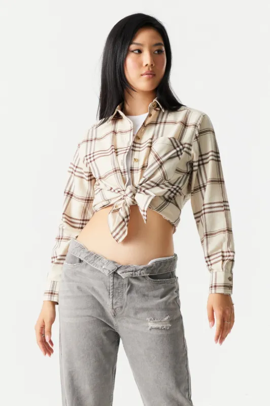 Tan Plaid Classic Flannel Shirt sold by Charlotte Russe