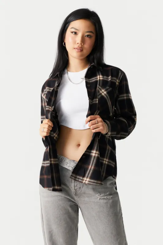 Brown Plaid Classic Flannel Shirt sold by Charlotte Russe