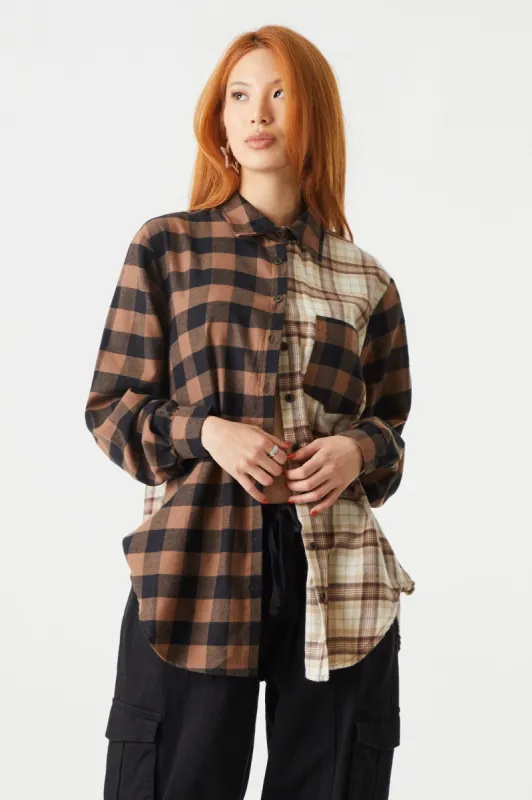 Split Brown Plaid Oversized Flannel Shirt sold by Charlotte Russe