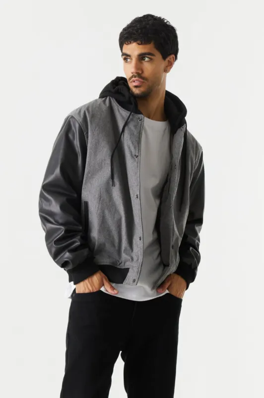 Removable Hood Faux-Leather Sleeve Bomber Jacket sold by Charlotte Russe