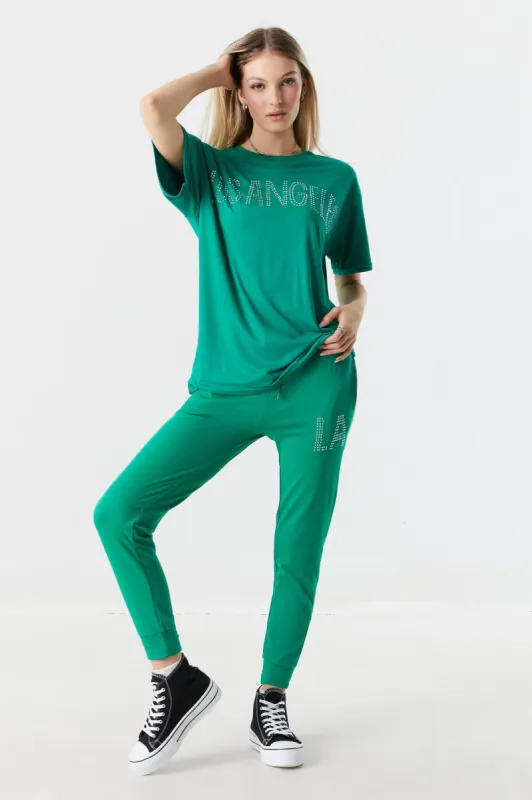 Soft Los Angeles Rhinestone Decal Fleece Jogger sold by Charlotte Russe