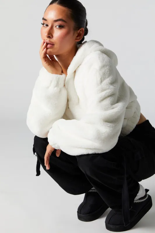 White Plush Cropped Bomber Jacket sold by Charlotte Russe